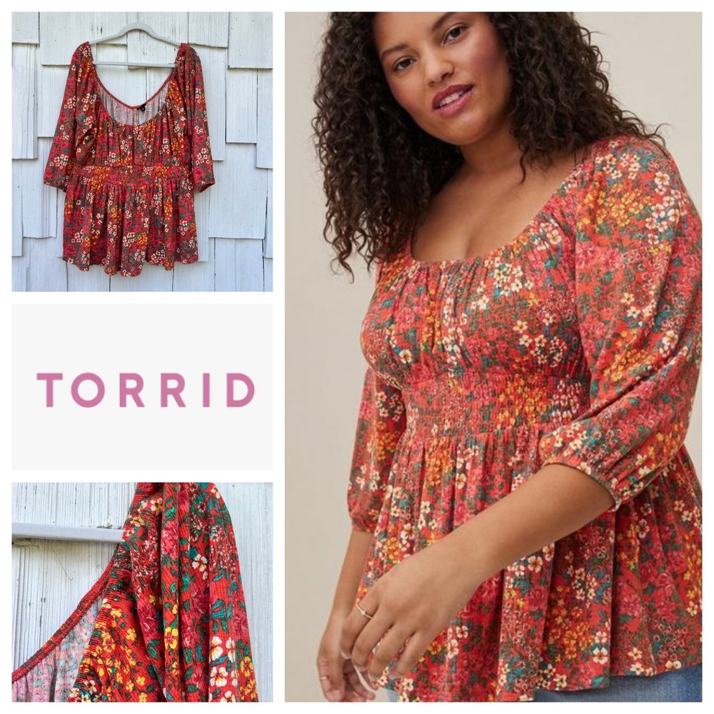 Torrid Floral Print Smocked Waist Peplum Top‎ Blouse Red Yellow Size 3X